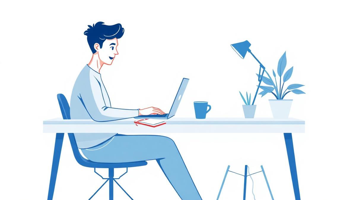 Freelancer working remotely from a home desk with laptop and notebook