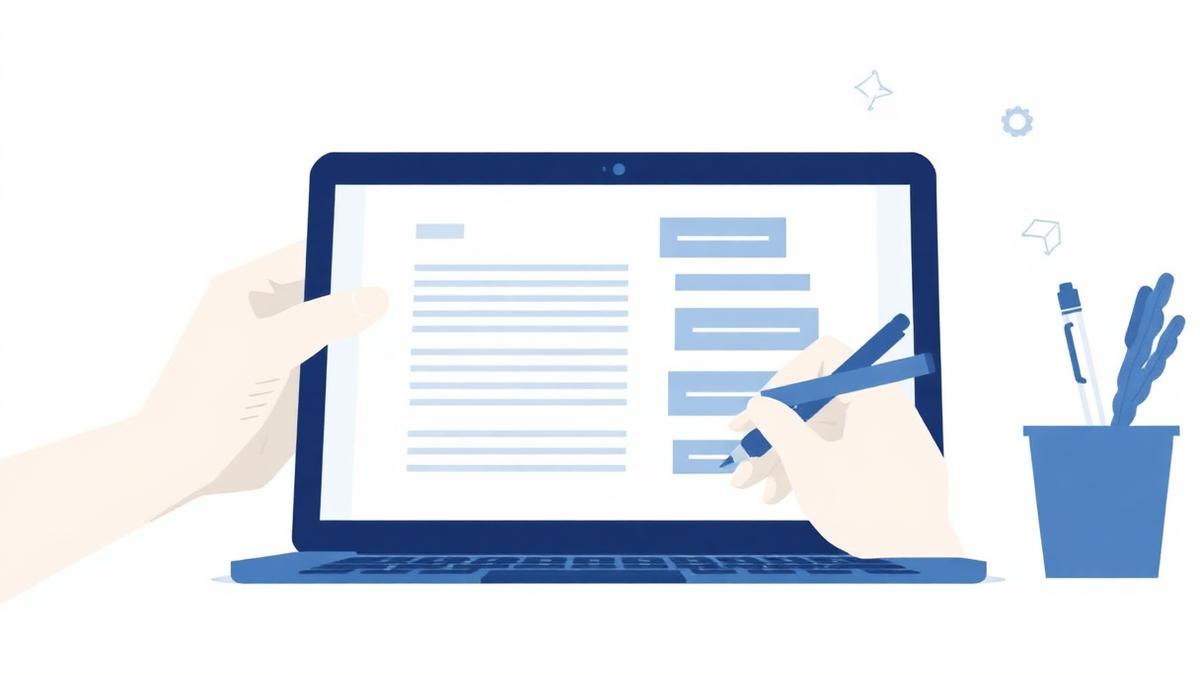Illustration of a freelance content writer drafting an article on a laptop