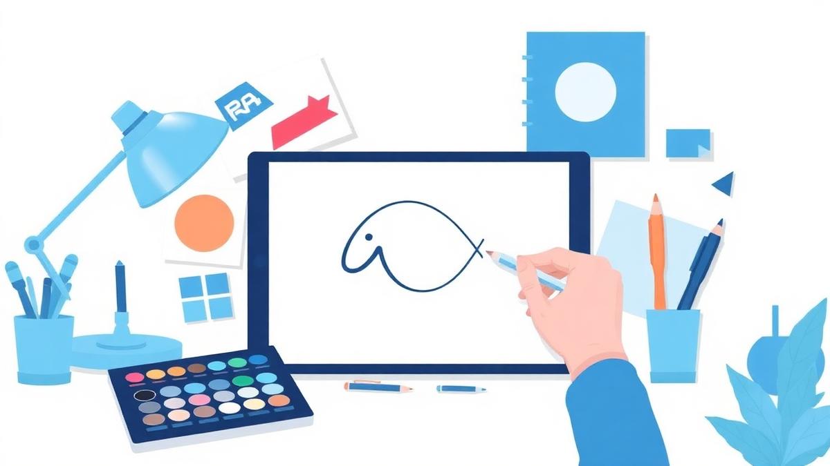 Illustration of a freelance graphic designer working with a color palette and pen tool on a tablet